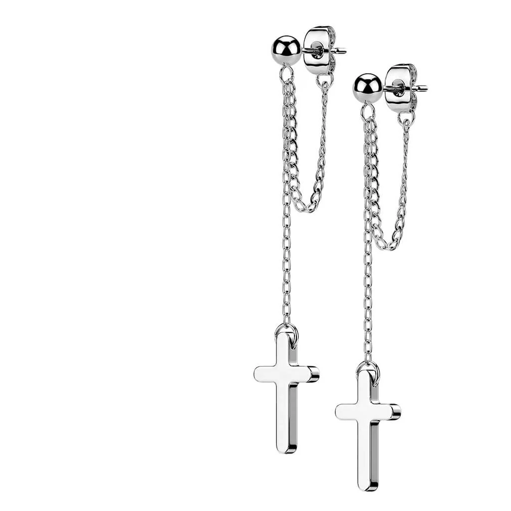 Bouton d'Oreille 316L Clous d'Oreille Boule avec Maillon de Chaîne et Croix Pendante 1 Paire - Image 8