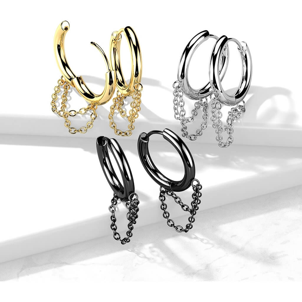Boucle d'Oreille 316L Boucles d'Oreilles Créoles Charnière Double Chaîne 1 Paire Cliqueur - Image 5