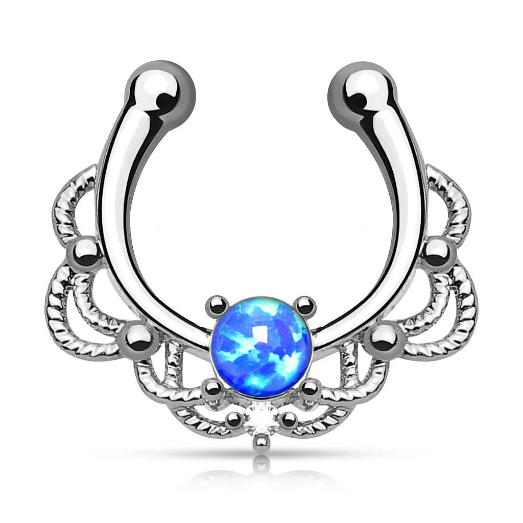 Faux Piercing au nez Septum Opale Ronde Argent Pliable - Image 2