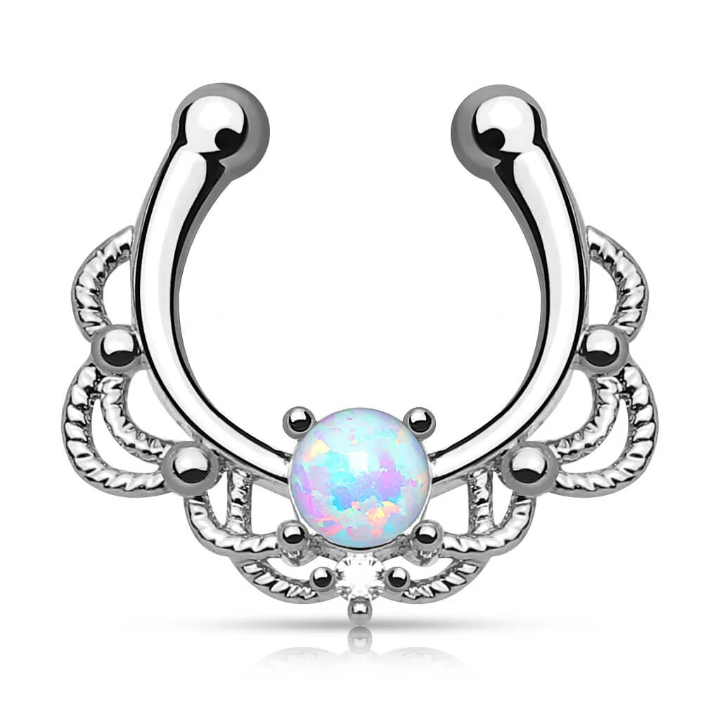 Faux Piercing au nez Septum Opale Ronde Argent Pliable - Image 3