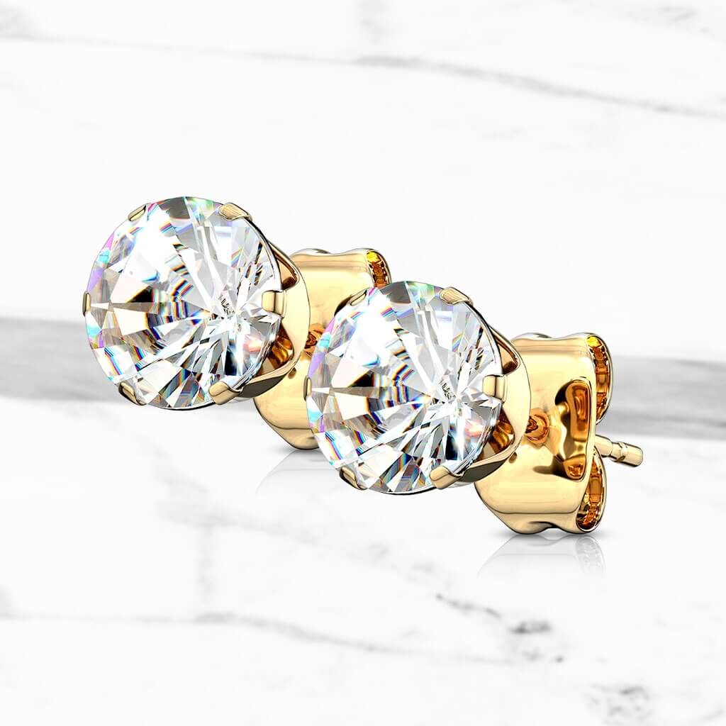 Bouton d'Oreille 316L Clous d'oreilles IP Or Rond Clair Zircone Cubique 1 Paire - Image 2
