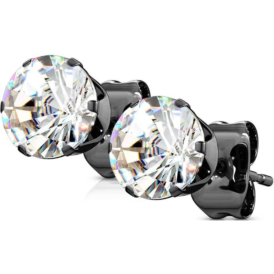 Bouton d'Oreille 316L Clous d'oreilles IP Noir Plaquée Rond Clair Zircone Cubique 1 Paire
