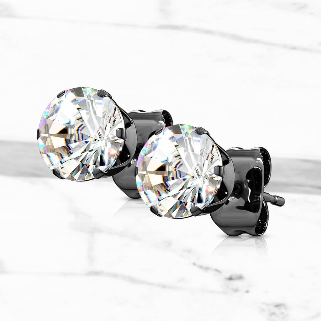 Bouton d'Oreille 316L Clous d'oreilles IP Noir Plaquée Rond Clair Zircone Cubique 1 Paire - Image 2