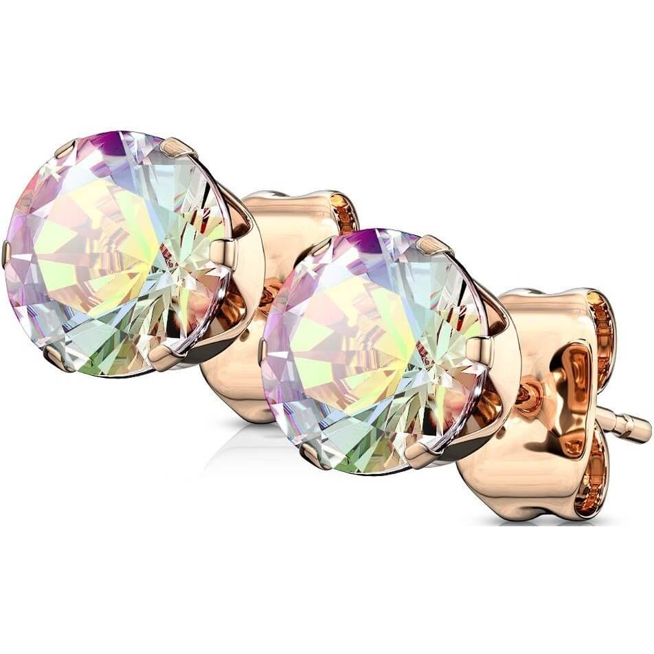 Bouton d'Oreille 316L Clous d'oreilles IP Or Rose Rond Zircone Cubique 1 Paire
