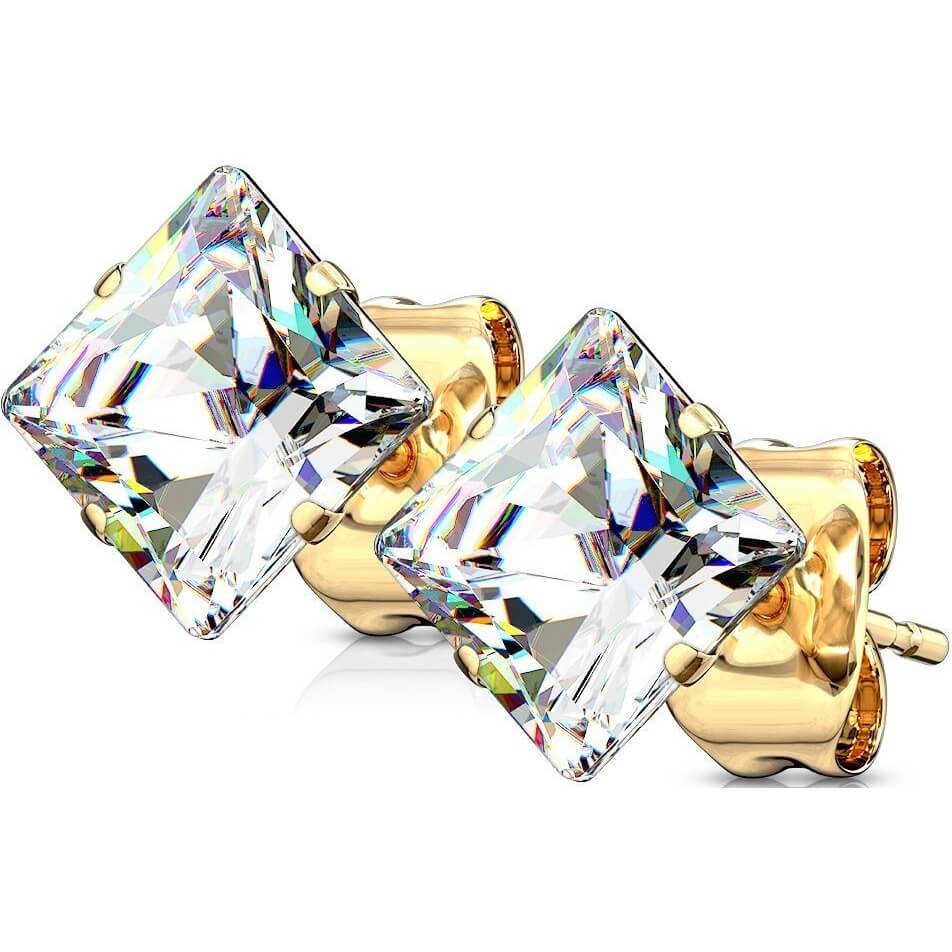 Bouton d'Oreille 316L Clous d'oreilles Plaqué Or Taille Princesse Carrée Claire Zircone Cubique 1 Paire