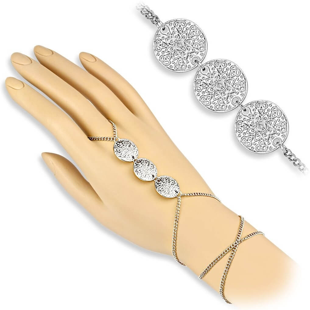 Bracelet Chaîne Bague Bracelet avec Breloques Rondes Gravées Triple Lotus