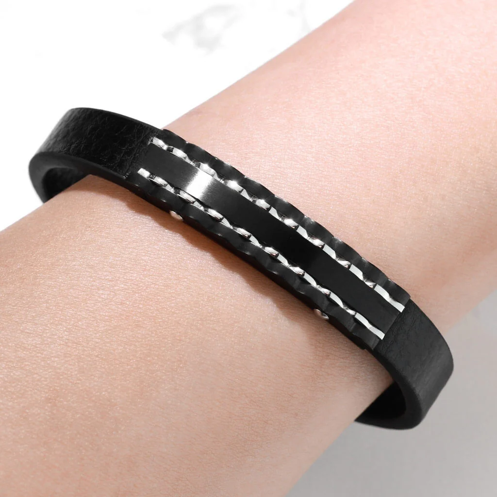 Bracelet 316L Bracelet Homme en Cuir Microfibre Plat Noir et Plaque PVD Noire Acier Inoxydable Aimant - Image 2