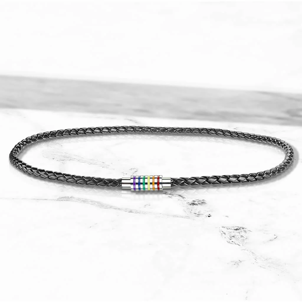 Collier Collier Cuir Tressé Noir Fermoir Magnétique Rayures Arc-en-ciel - Image 3