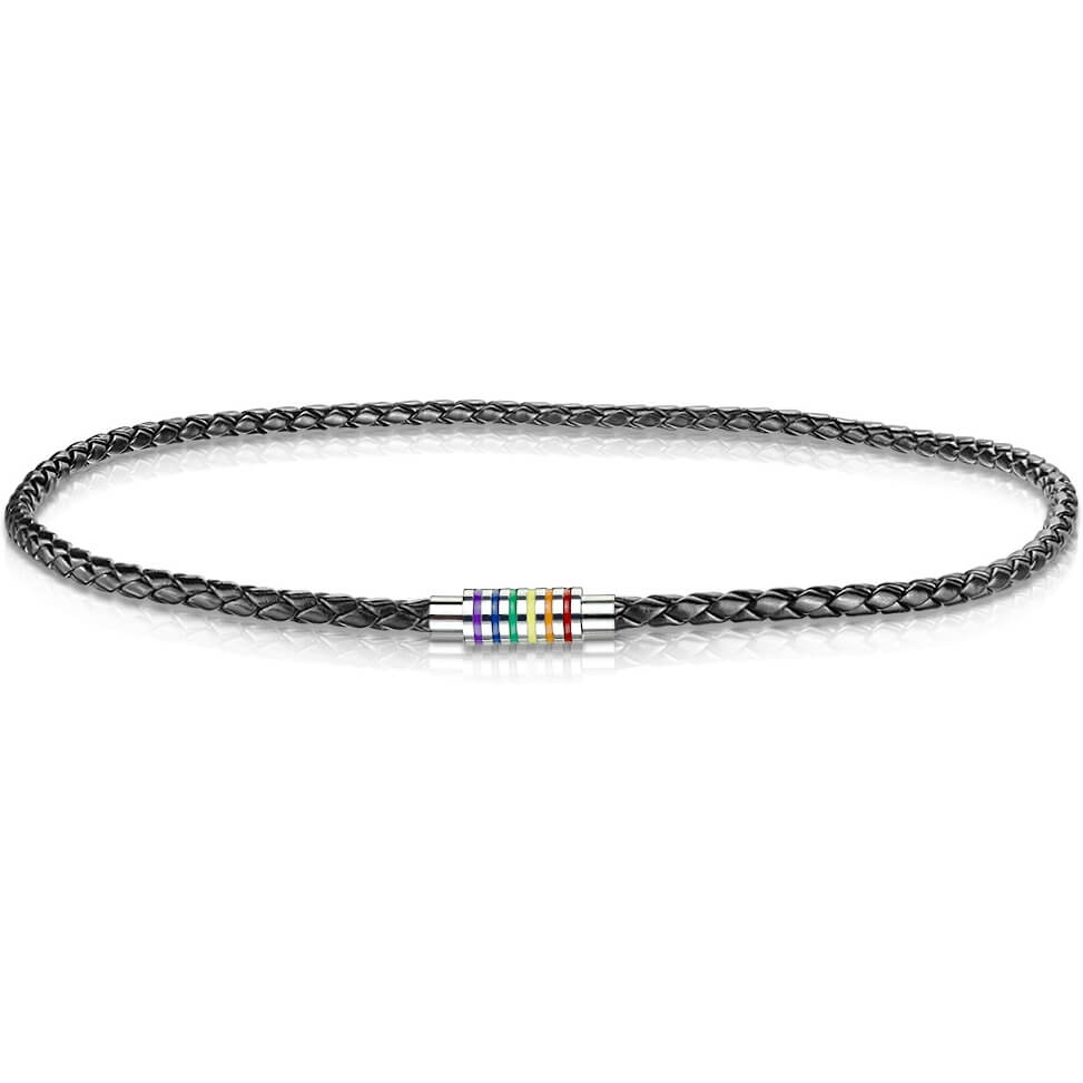 Collier Collier Cuir Tressé Noir Fermoir Magnétique Rayures Arc-en-ciel - Image 4