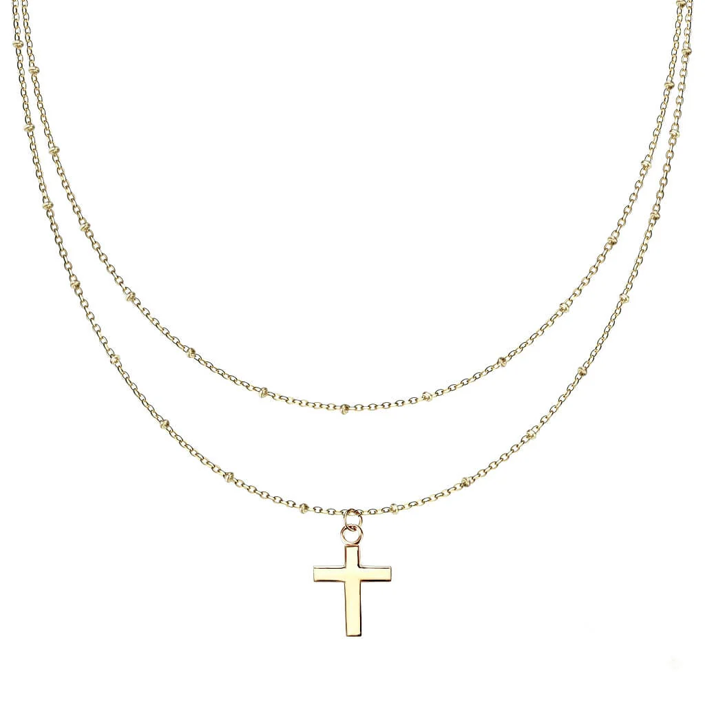 Collier 316L Collier Pendentif Croix avec Petites Perles Double Couche - Image 3
