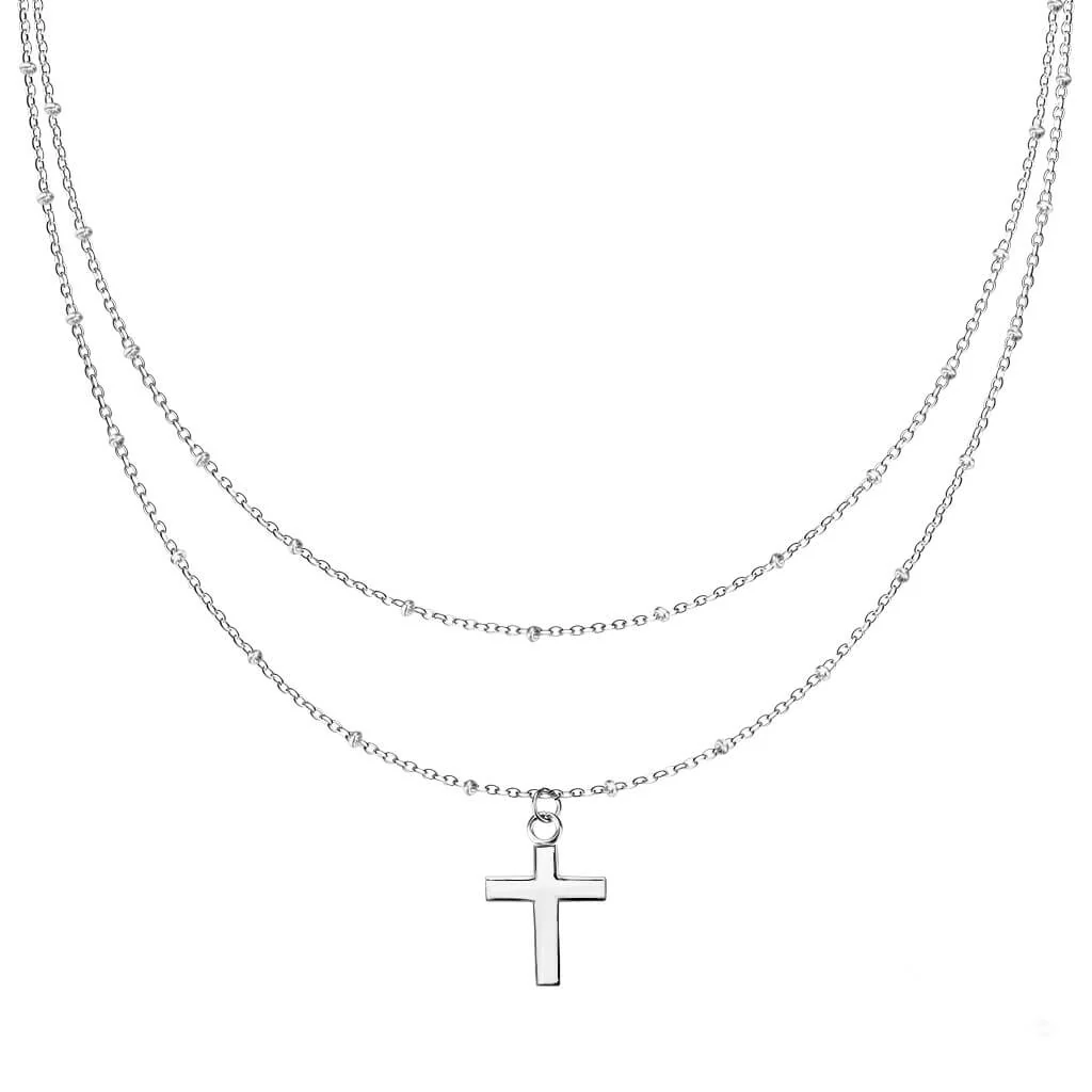 Collier 316L Collier Pendentif Croix avec Petites Perles Double Couche - Image 5