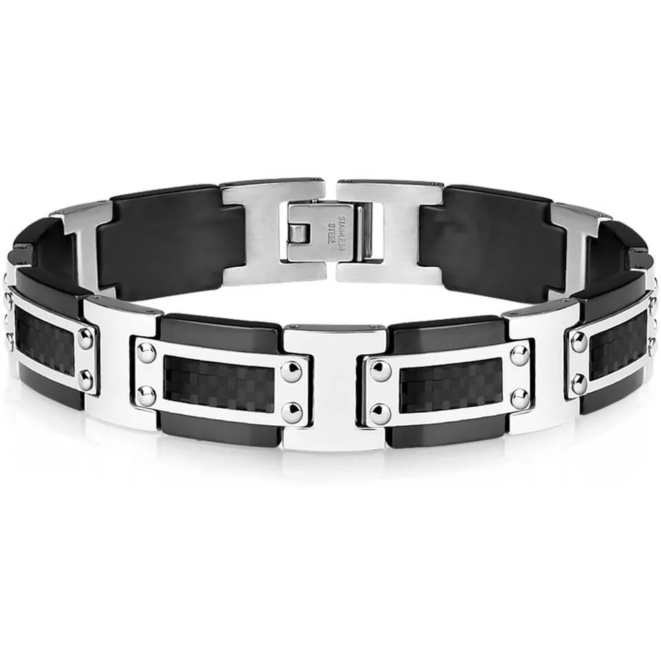 Bracelet 316L Bracelet Bicolore IP Noir et Acier avec Incrustation Fibre de Carbone Noire