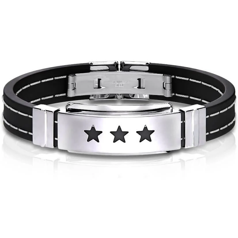 Bracelet 316L Bracelet à plaque d'identité en caoutchouc Triple Étoiles Accent Couture