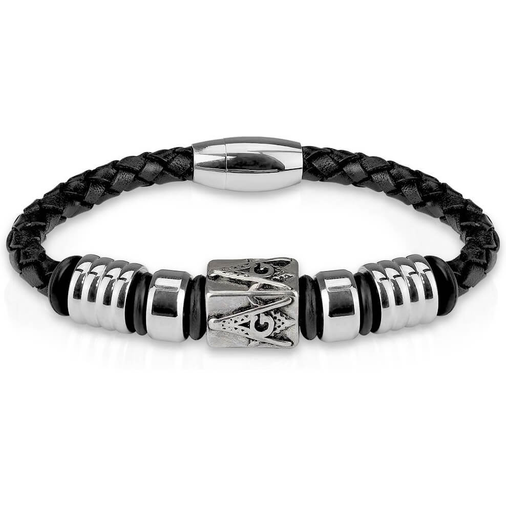 Bracelet 316L Bracelet Homme Cuir Noir Signe Maçonnique Fermoir Magnétique Aimant