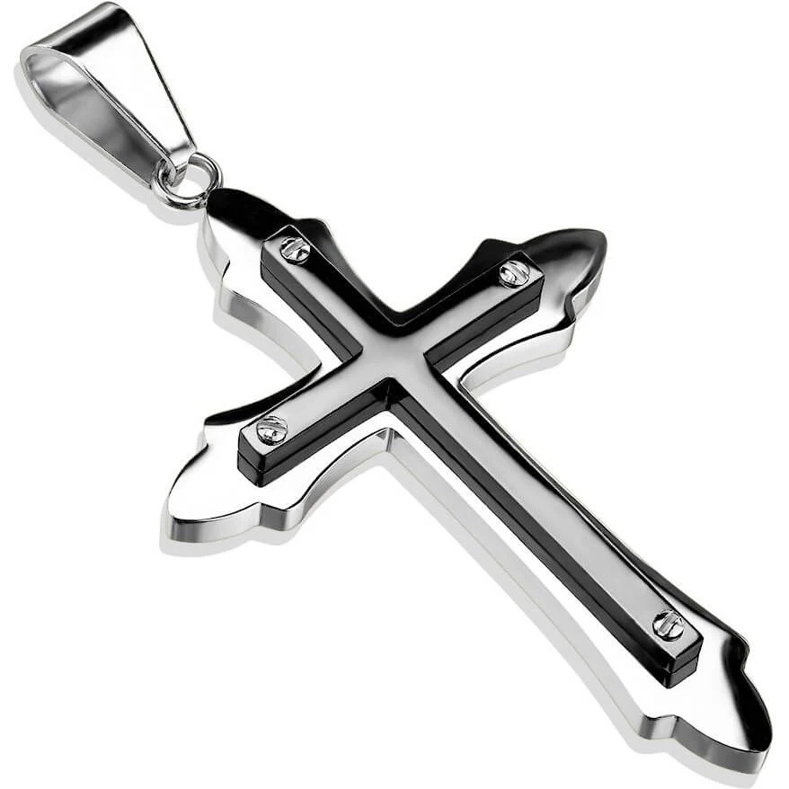 Collier 316L Pendentif Croix IP Noire Boulonnée sur Croix Tribale