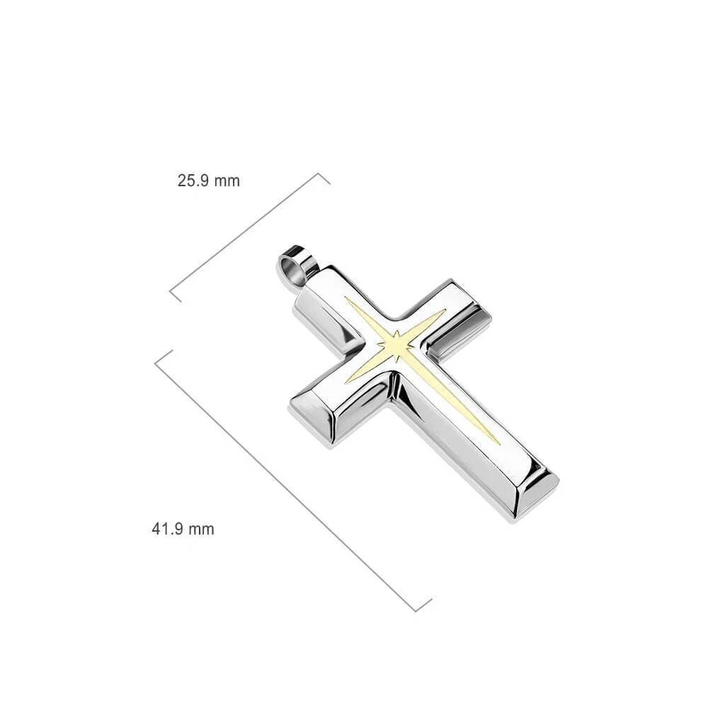 Collier 316L Pendentif Croix Centrée Etoile Dorée - Image 2