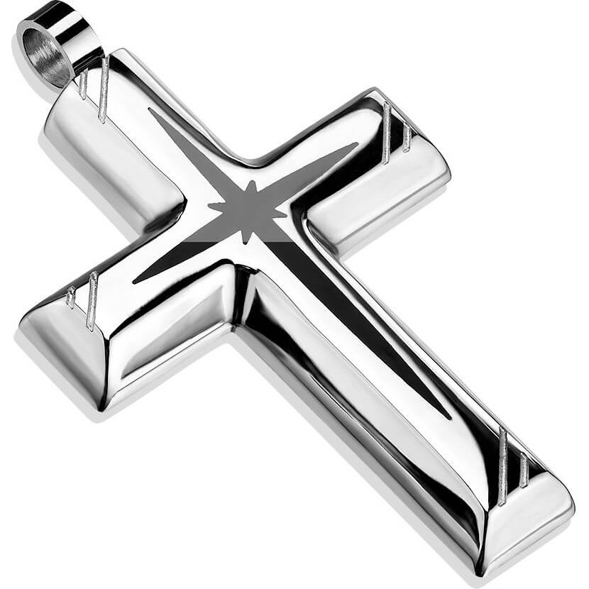 Collier 316L Pendentif Croix Centrée Etoile PVD Noire
