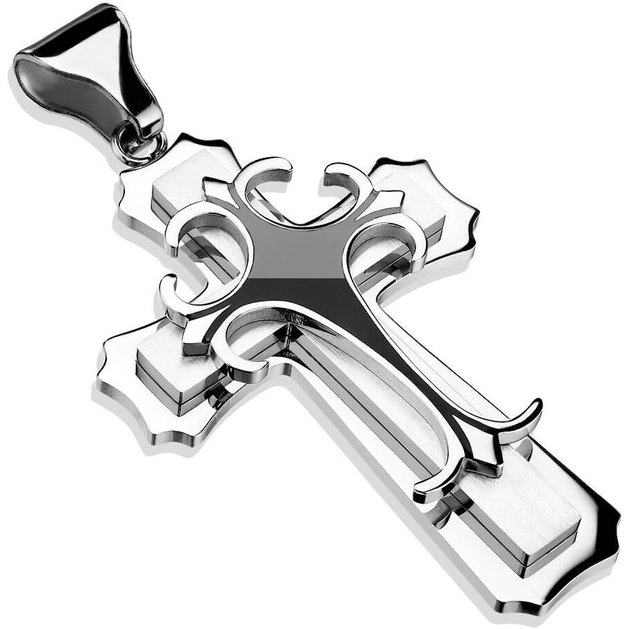 Collier 316L Pendentif Double Croix avec Croix Gothique Supérieure Epoxy Noire