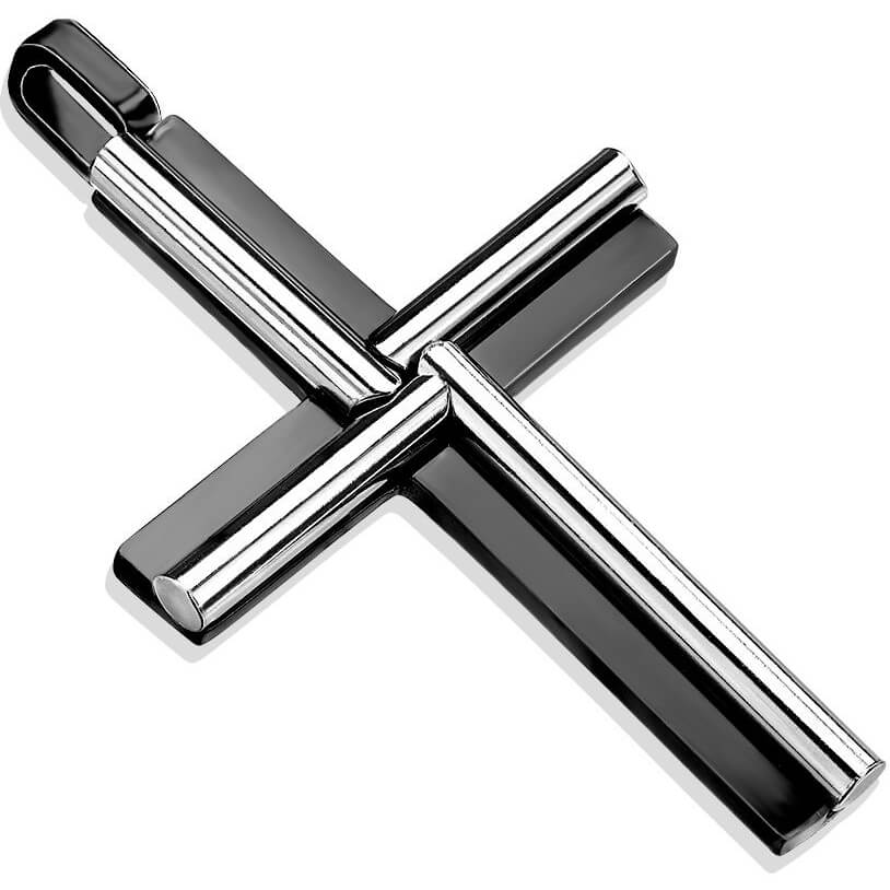 Collier 316L Pendentif Bicolore IP Noir Ovale Cylindre Croix Moulin à Vent