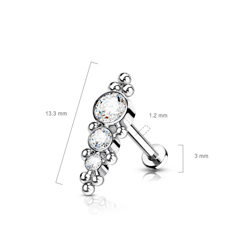 Titane Labret 3 Zircones Plates Argent Filetage Interne - Image 2