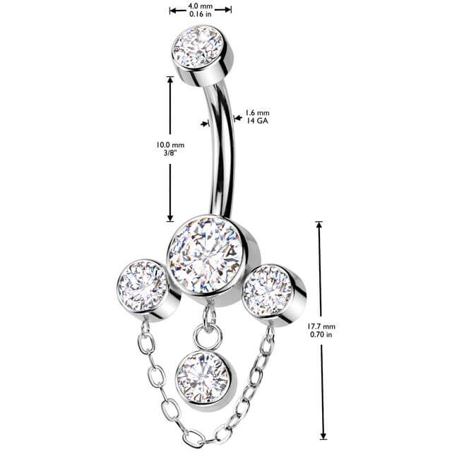 Titane Piercing Nombril 3 zircones chaîne pendentif Filetage Interne - Image 2
