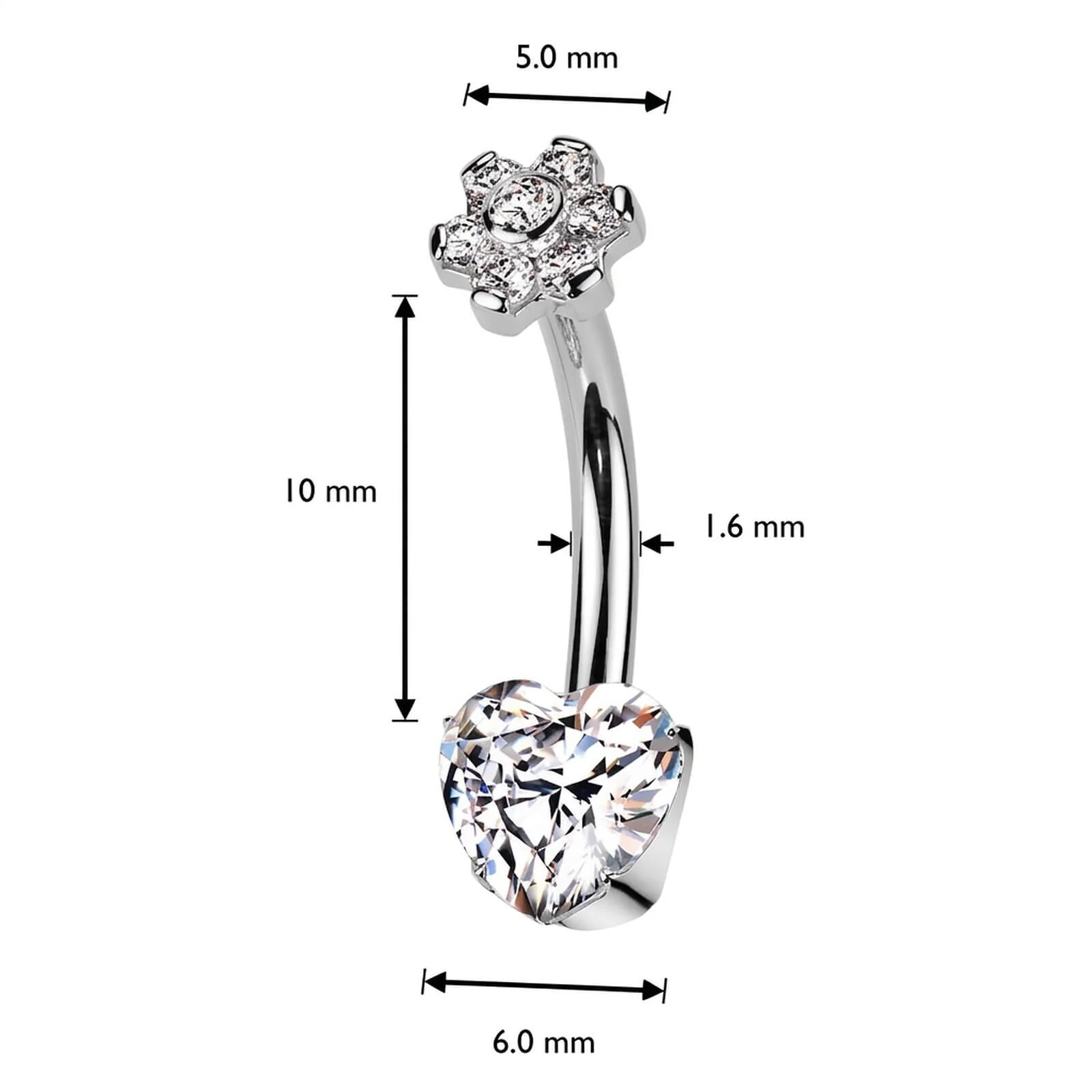 Titane Piercing Nombril cœur fleur zircone Filetage Interne - Image 2