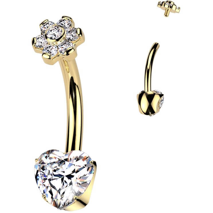 Titane Piercing Nombril cœur fleur zircone Filetage Interne - Image 3