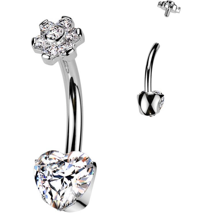 Titane Piercing Nombril cœur fleur zircone Filetage Interne - Image 4