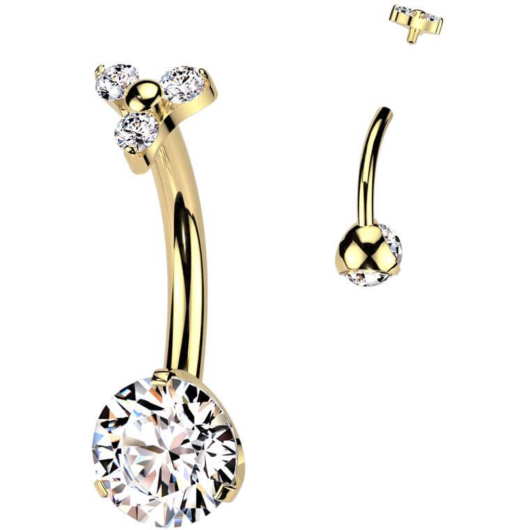 Titane Piercing Nombril zircone ronde 3 petits zirconias Filetage Interne - Image 3
