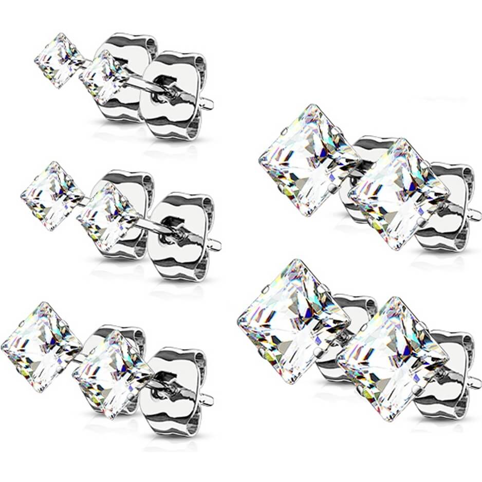Bouton d'Oreille 316L Pack de boucles d'oreilles Tailles Assorties Zircone cubique carré serti griffe, 5 paires
