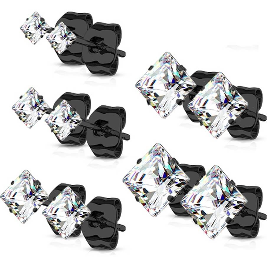 Bouton d'Oreille 316L Pack de boucles d'oreilles Tailles Assorties Zircone cubique carré serti griffe, 5 paires - Image 3