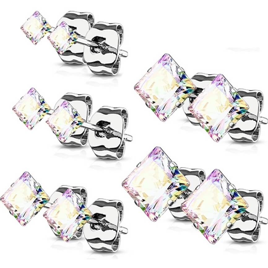 Bouton d'Oreille 316L Pack de boucles d'oreilles Tailles Assorties Zircone cubique carré serti griffe, 5 paires - Image 5