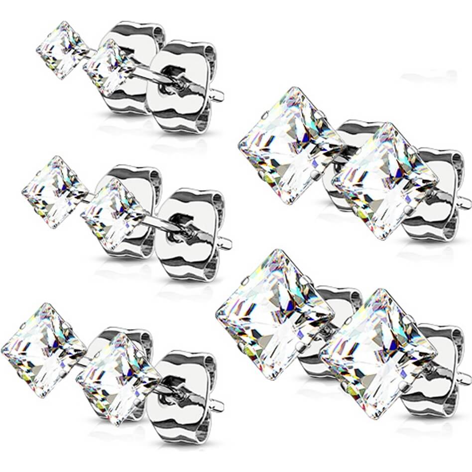 Bouton d'Oreille 316L Pack de boucles d'oreilles Tailles Assorties Zircone cubique carré serti griffe, 5 paires - Image 6