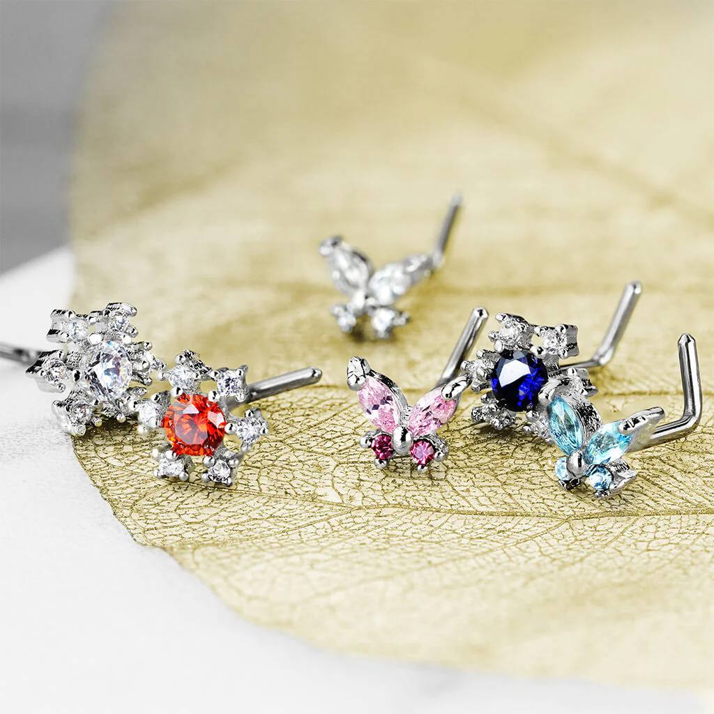 Nez En Forme de L Papillon Fleur Zircone Argent, 6 morceaux - Image 4