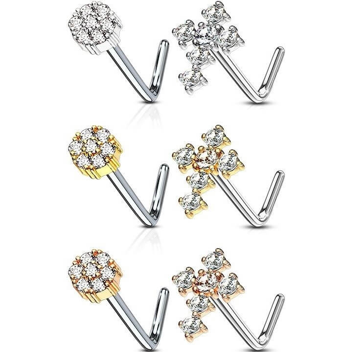 Nez En Forme de L Zircone Croix Fleur, 6 morceaux