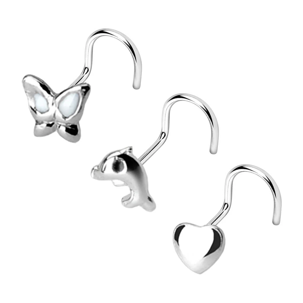 Argent 925 Nez  Vis Pack Papillon Cœur Dauphin Argent, 3 morceaux - Image 2