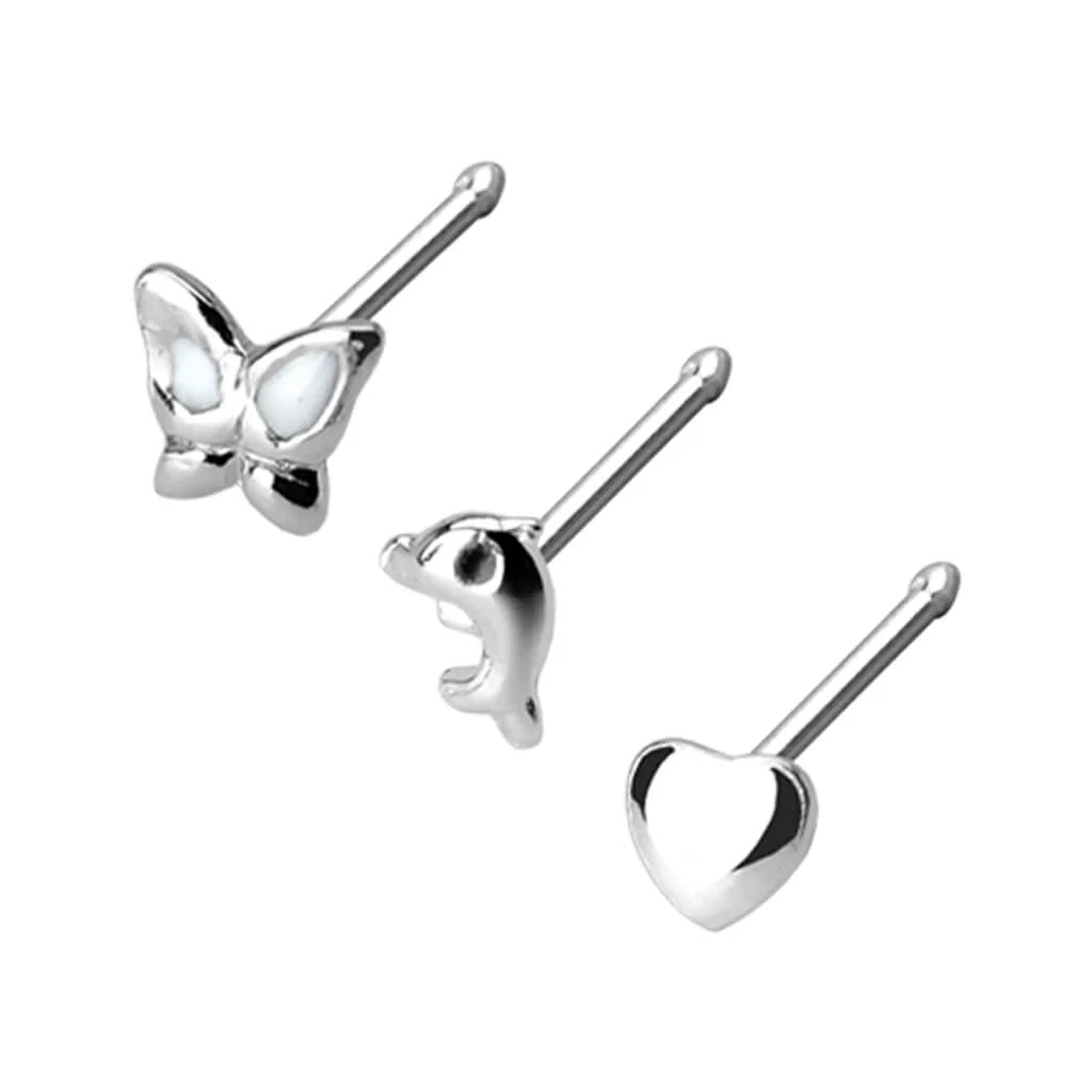 Argent 925 Nez Clou à Nez Pack Papillon Cœur Dauphin Argent, 3 morceaux - Image 2