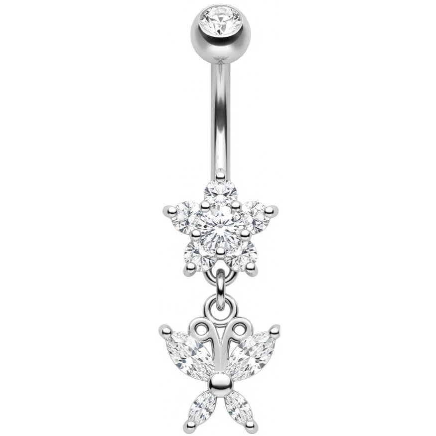Piercing Nombril Fleur Cristal Pendentif Papillon