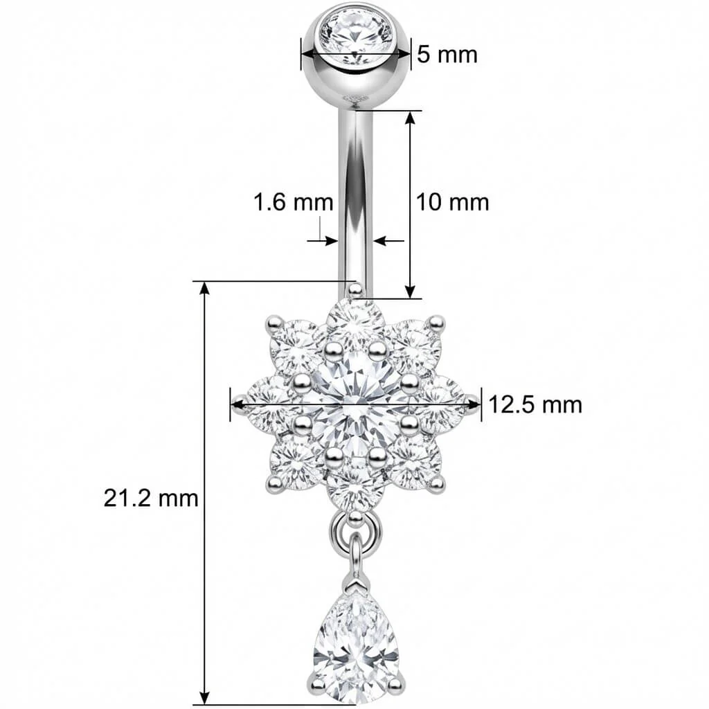 Piercing Nombril Fleur Cristal et Pendentif Goutte - Image 2