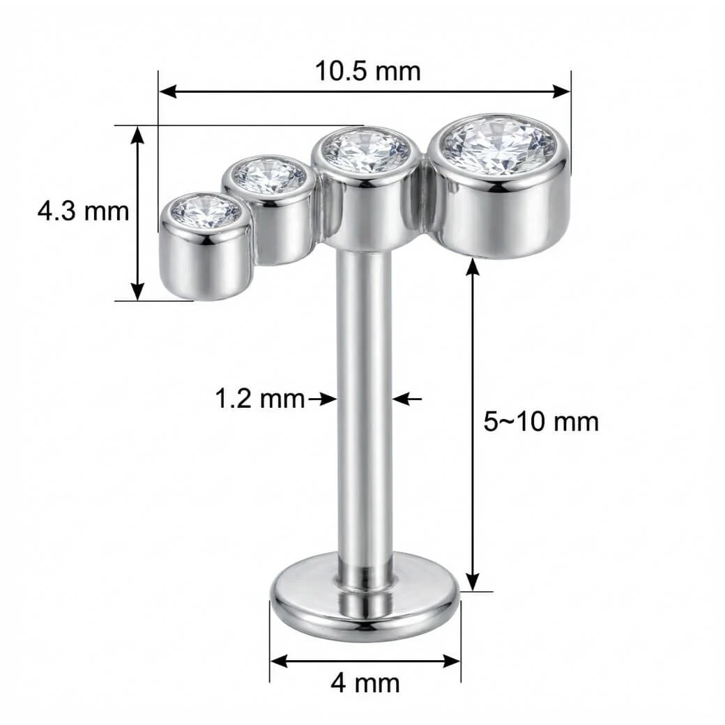 Titane Labret Arc Courbé Quatre Cristaux Filetage Interne - Image 2