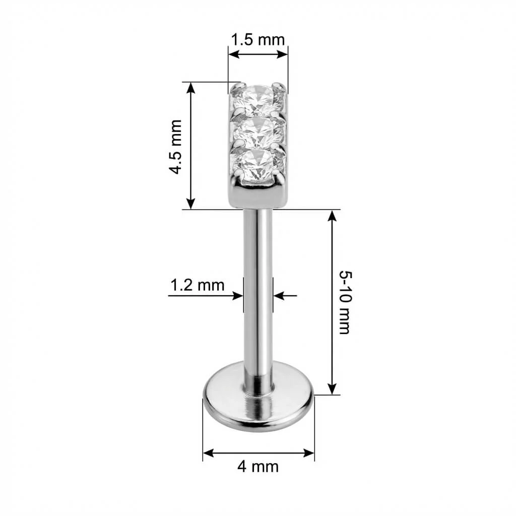 Titane Labret Barre Triple Cristal Alignés Filetage Interne - Image 2