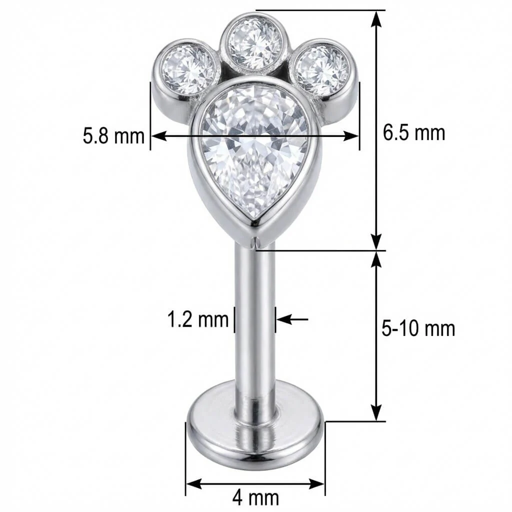 Titane Labret Empreinte de Patte en Cristal Filetage Interne - Image 2