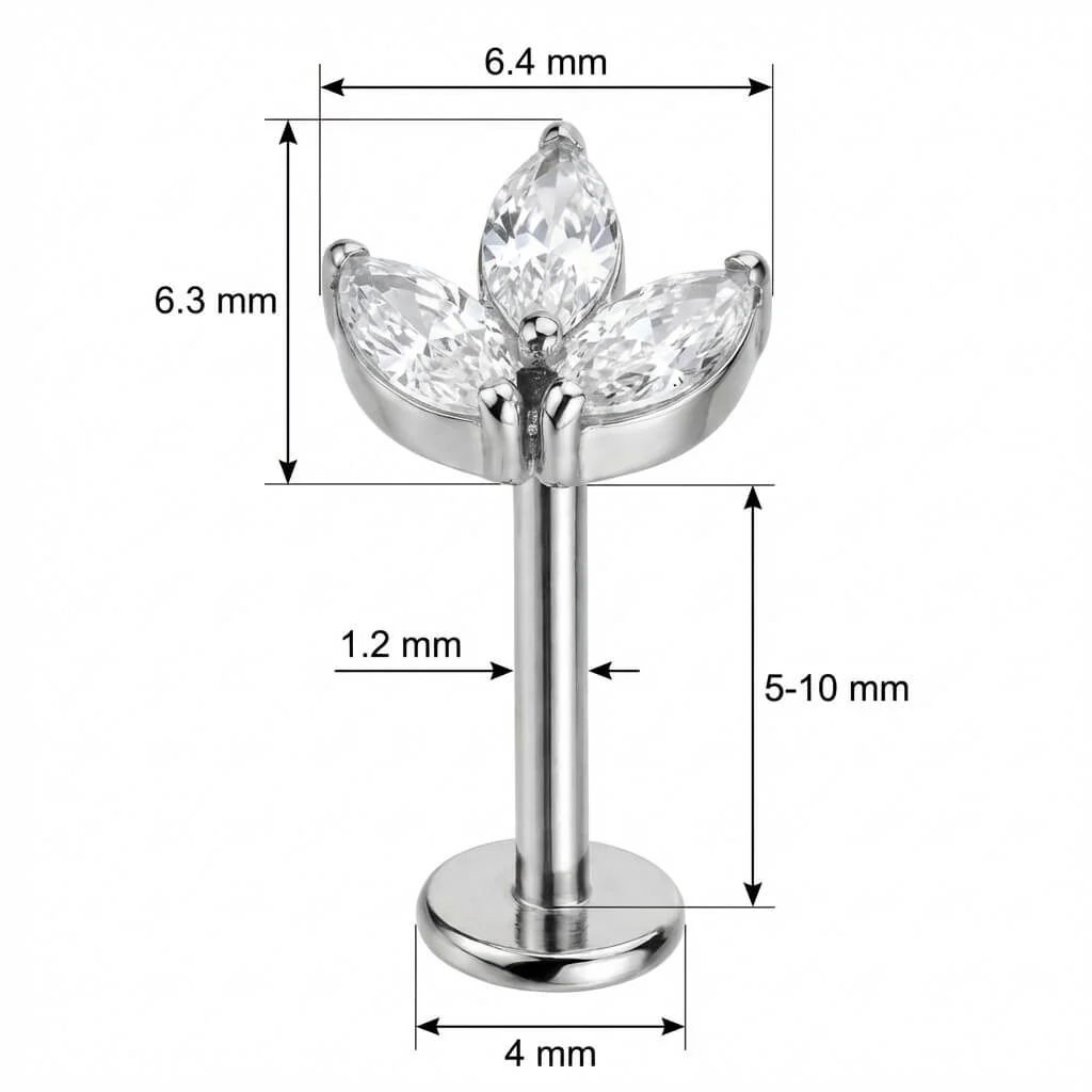 Titane Labret Trio Cristaux Marquise Floral Filetage Interne - Image 2