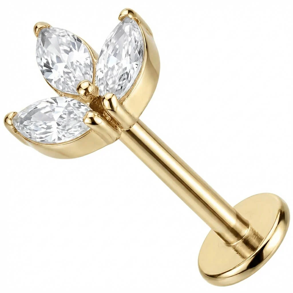 Titane Labret Trio Cristaux Marquise Floral Filetage Interne - Image 3