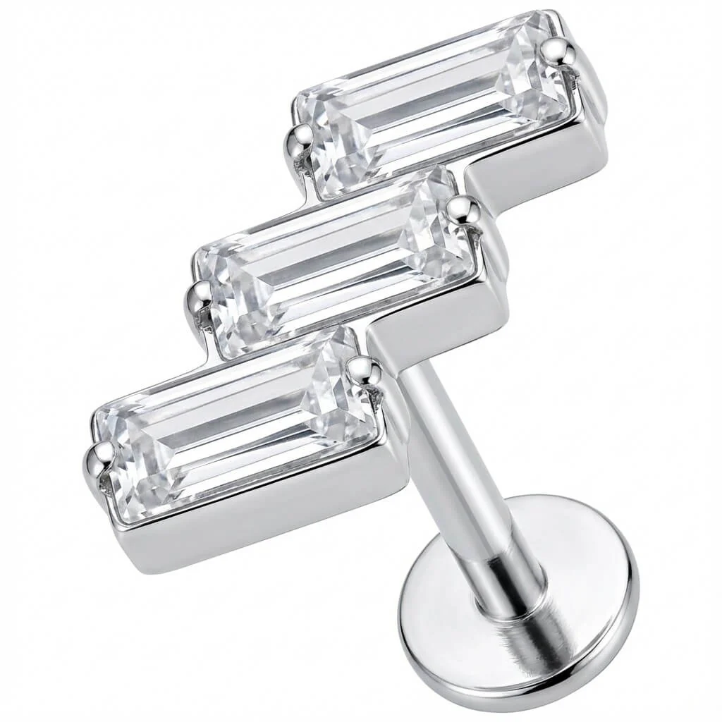 Titane Labret Trio Cristaux Baguette Diagonale Filetage Interne
