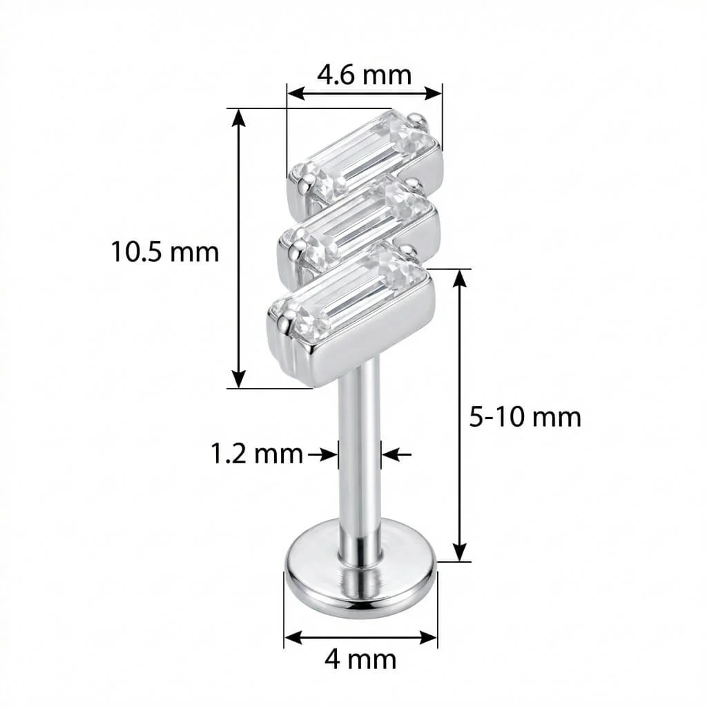 Titane Labret Trio Cristaux Baguette Diagonale Filetage Interne - Image 2