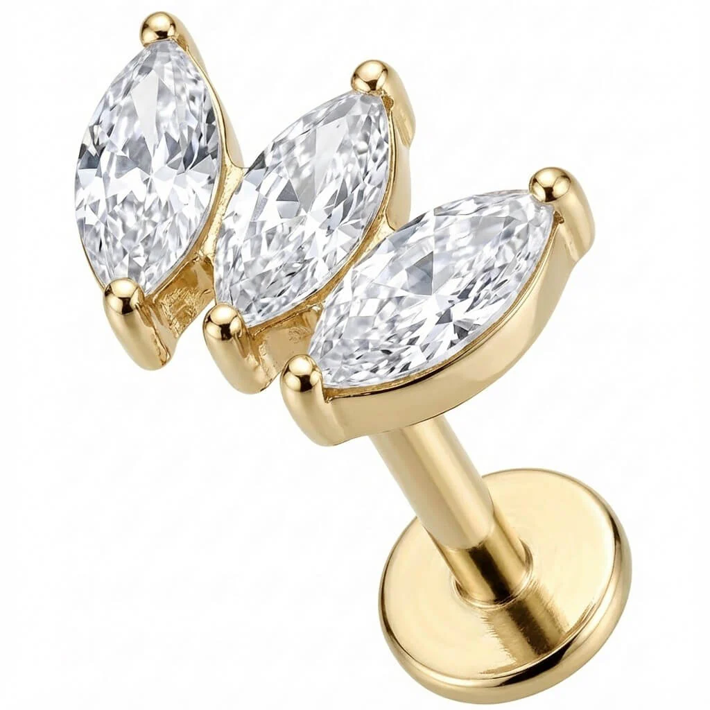 Titane Labret Éventail Triple Cristal Marquise Filetage Interne - Image 3