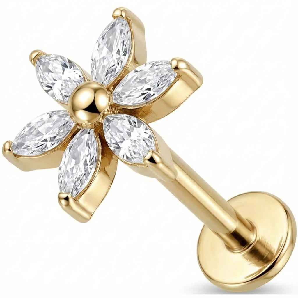 Titane Labret Fleur en Cristaux Marquise Filetage Interne - Image 3