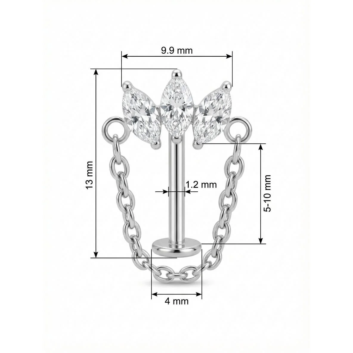 Titane Labret Trio Marquise Avec Chaîne Drapée Filetage Interne - Image 2