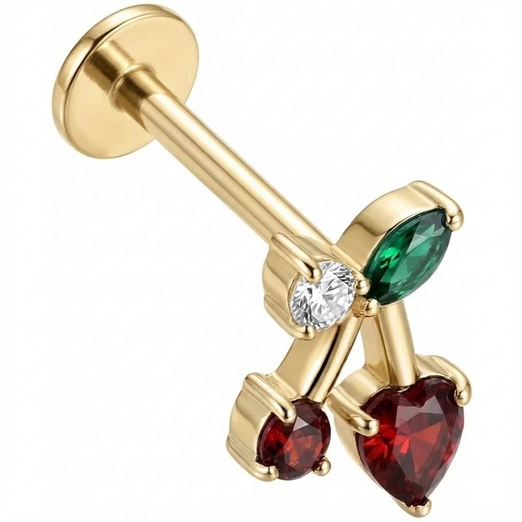 Titane Labret Cerises Rouges Forme Cœur Filetage Interne - Image 3